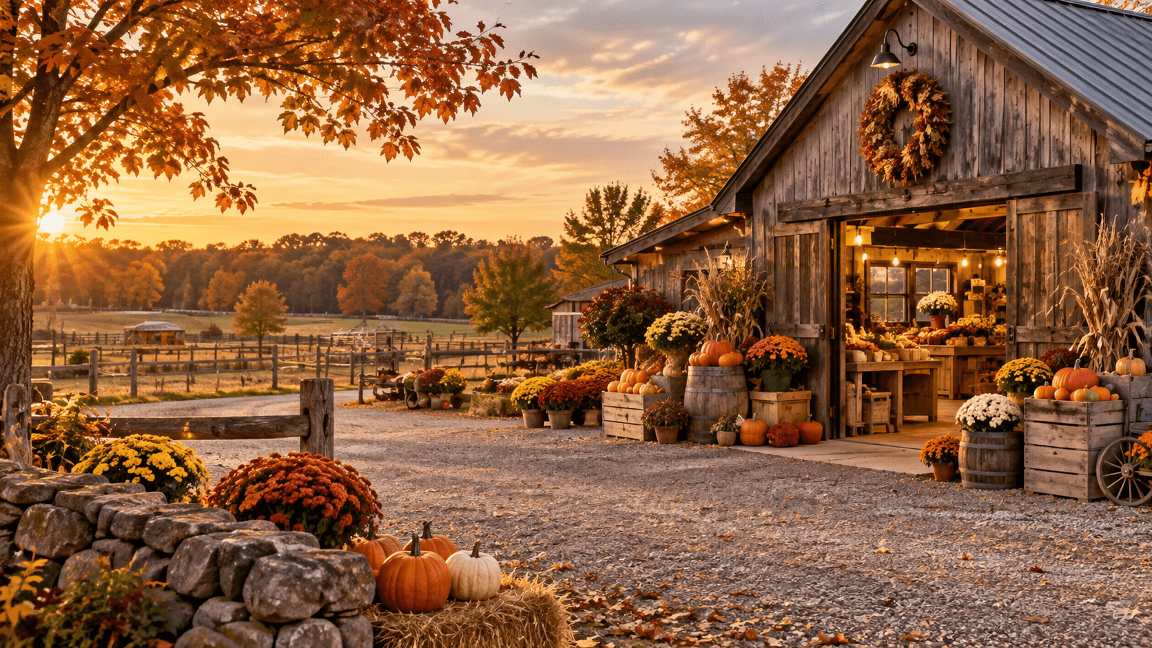 Fall farm stand in Monmouth County with pumpkins and autumn foliage